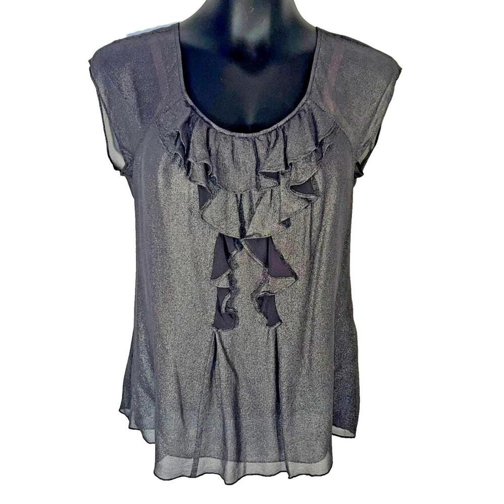 A/X Armani Exchange Blouse Womens M Black Metallic Ruffle Front Scoop Neck